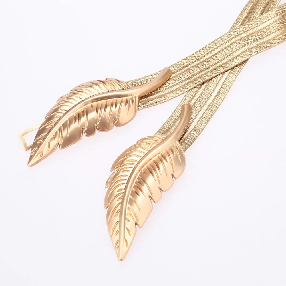 

Anself Vintage Belt for Women Leaves Clasp Stretch Skinny Elastic Belt Metal Waist Strap Gold Ceinture Femme Woman Waist Belts