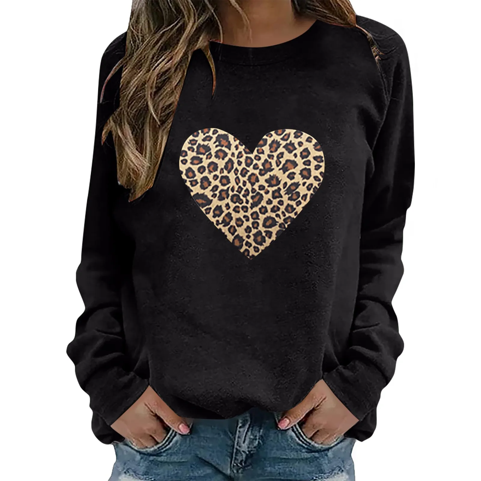 

Leopard Print Hoodie Women's Fashion Heart Print Round Neck Long Sleeve Hoodie Sweatshirt Harajuku Retro Street Pullover Moletom