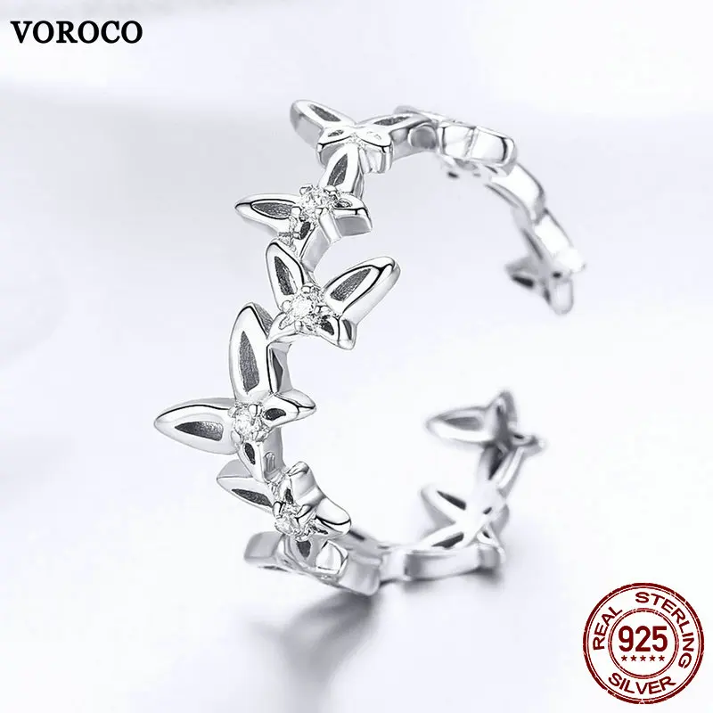 VOROCO 100% Настоящее серебро 925 пробы кольца с бабочкой для женщин Свадебная помолвка