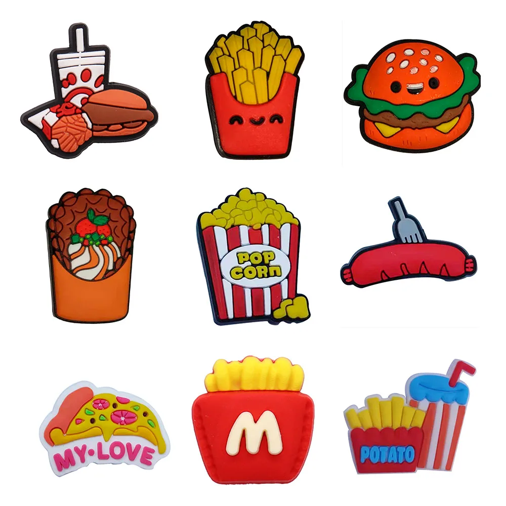 

9PCS PVC Cute Cartoon Shoe Charms Kawaii Egg Waffles Potato Hamburger Coke Popcorn Sausage Pizza Garden Shoes Decoration Buckle