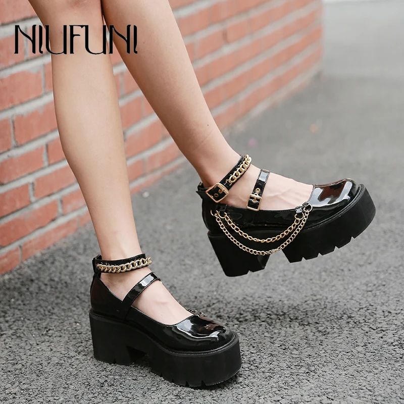 

Patent Leather Metal Chain Lolita Women's Single Shoes Round Toes Hollow Belt Buckle Thick-Soled Women Shoes Japanese Casual JK