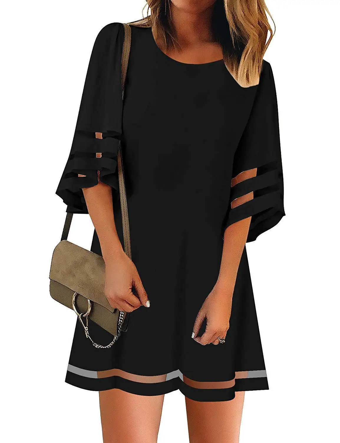 

New Ladies Flare Sleeve Gauze Panel Dress women dress