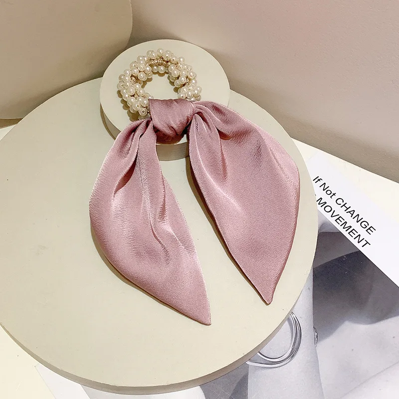 

Women Pure Color Drape Ribbon Hair Ties Lady Fashion Pearl Hair Rope