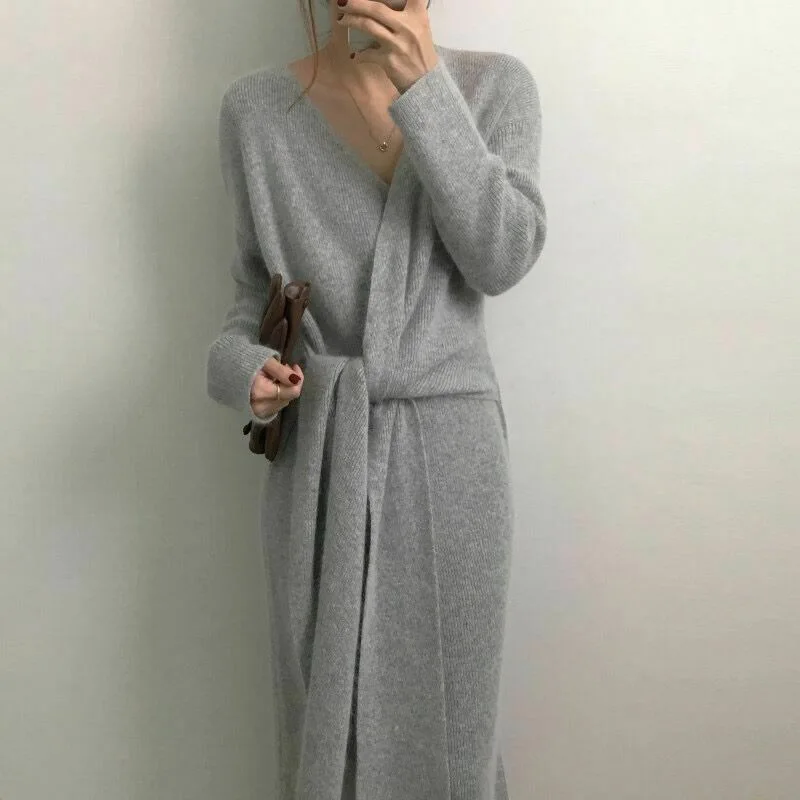 Горячее предложение кашемировое платье-свитер с поясом женское модное вязаное