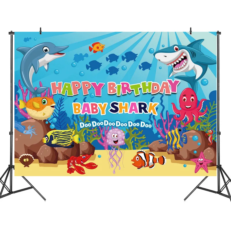 

New Shark Baby Party Birthday Background Fabric Child Baby Dessert Table Theme Layout Foreign Trade Cross-Border Hot Sale