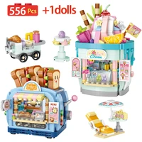 city mini street view ice cream shop architecture model building blocks bread store cart figures bricks toy for kid girls gifts