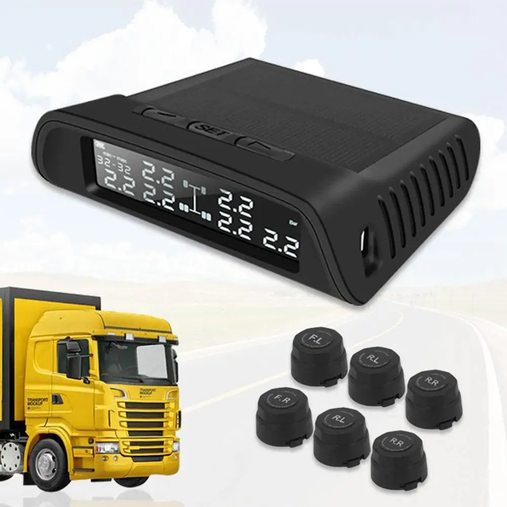 

Car TPMS Tyre Pressure Monitoring System With 6 External Sensors Solar Power Digital LCD Display Auto Alarm For Truck, Trailer