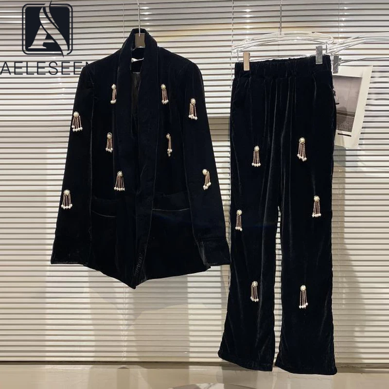 

AELESEEN 2021 Winetr Women 2 Pieces Velvet Set High Quality Pajama style Cardigan Coat+ Long Pants Pearls Beading Pendant Suit