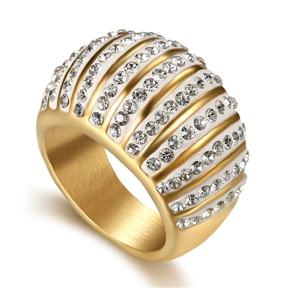 

Micro Pave Geometric Ring Gold Color Stainless Steel Round Rhinestone Rings For Women Hip Hop Party Jewelry Gifts Dropshipping