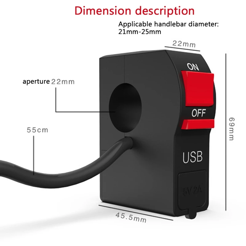 

For Motorcycle Waterproof ON/OFF Start Button Universal Motorcycle Handlebar Switches With 2.1A USB Charger 7/8" 22mm