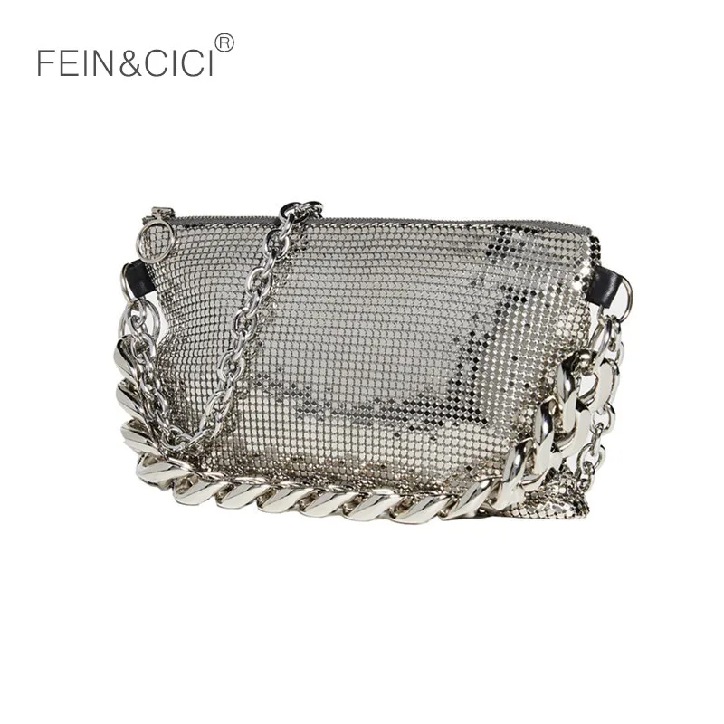 Женская винтажная Серебристая сумка-мессенджер вечерние большие цепочки