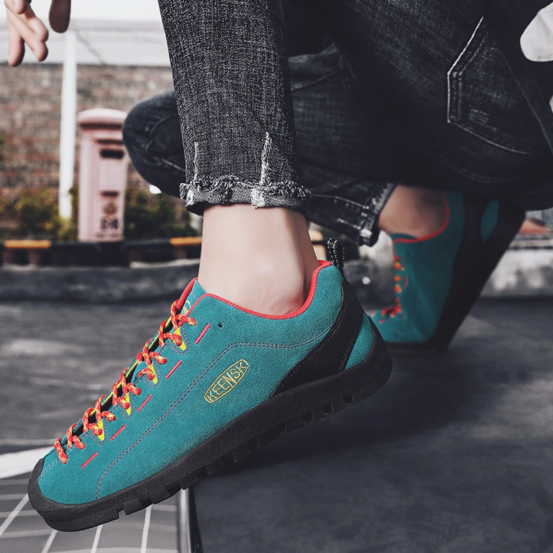 New Arrival Fashion Blue Men Hiking Shoes Couple Leather Camping Shoes Men Outdoor Sports Shoes Size 45 46 calzado de senderismo