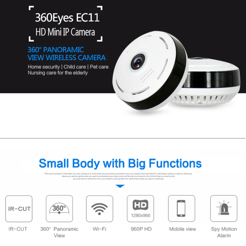 

HD 360 градусов панорамная широкоугольная мини камера видеонаблюдения Smart IPC Беспроводная IP-камера рыбий глаз P2P 960P HD домашняя камера безопасн...