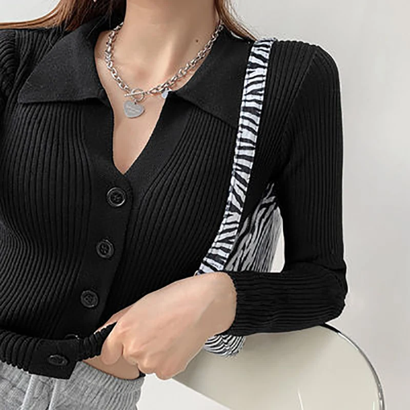 Ladie Sweater Lapel Slim SlimTop Buttons Sexy V-Neck Long Sleeve Cardigan Fashionable New Commuter 2021 Winter Personali Sweater images - 6