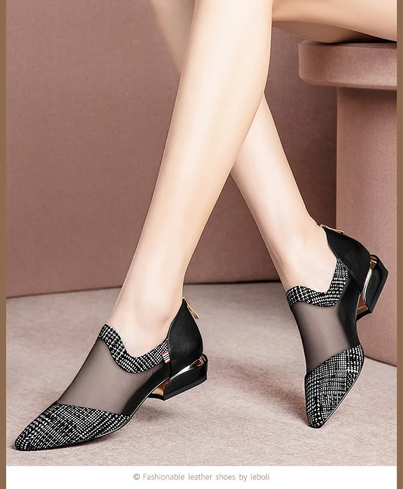 

Летние женские туфли на высоком каблуке, сетчатые дышащие туфли-лодочки на молнии, с острым носком, модная женская обувь