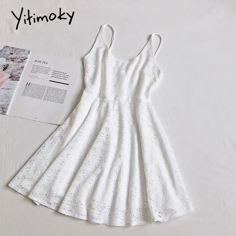 

Yitimoky Sexy Lace Spaghetti Strap Dresses for Women Summer 2021 Casual New Fashion Backless Sleeveless Mini Dress White Black