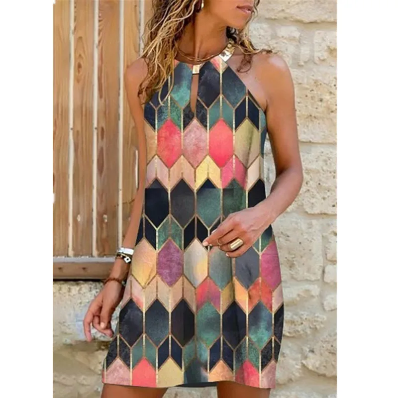 

New Women Summer Fasion Sexy Flower Tie Dyed Loose Halter Cutout Front Sleeveless Dress Mini Dress