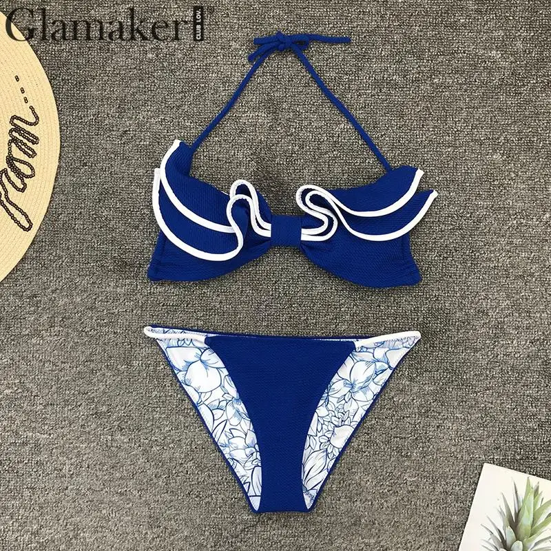 Glamaker, купальный костюм с бретелькой через шею, цветочный принт, комплект бикини с оборками, Модный Купальник, женский сексуальный купальник, женский летний голубой купальник