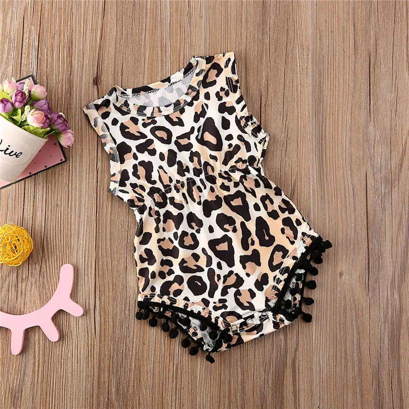 

Free shipping Cute Newborn Baby Girls Clothes Leopard print Tassel cotton Jumpsuit round neck sleeveless Bodysuit one pieces