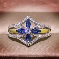 high quality blue crystal horse eye zircon cross flower women ring european and american gold plated two tone ring jewelry gift