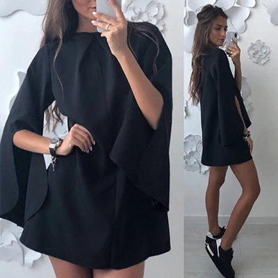 Black Элегантные мини-платья Женские однотонные свободные манжеты летнее платье с разрезом от бедра дамское вечернее платье Винтаж o-образным вырезом Повседневное платье пляжные платья Новинка - Цвет: Black