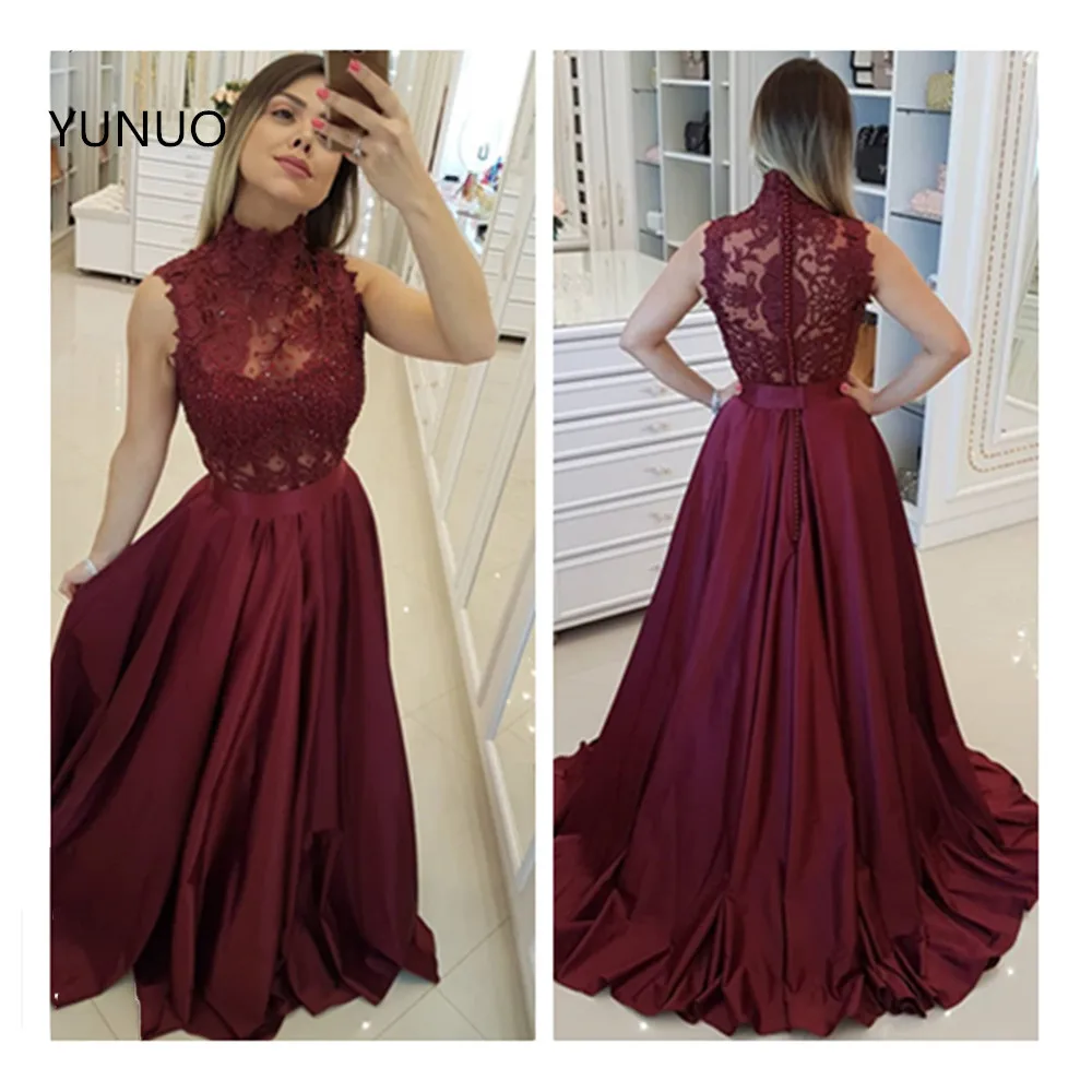 

YUNUO Women Evening Dress Long Party Prom Dresses Wine Red Lace High Neck Robe De Soiree Formal Evening Gowns Sleeveless
