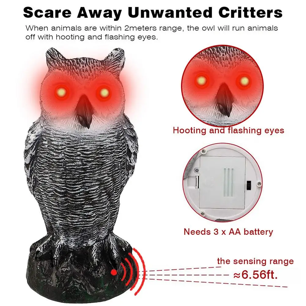 Owl Decoy Statue Blink Vocal Owl Garden Ornaments Tool Scare Birds Scarecrow Fake Horned Luminous Simulation Owl Light Sound