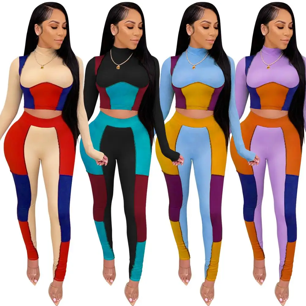 

Autumn Women Color Patchwork Fitness Two Piece Set Long Sleeve Pullover Slim Pants Suit Tracksuit Sweatsuit