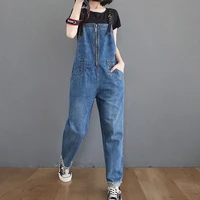 vintage high waist denim overalls women spring streetwear straps jeans jumpsuit femme loose blue rompers zipper suspender pants