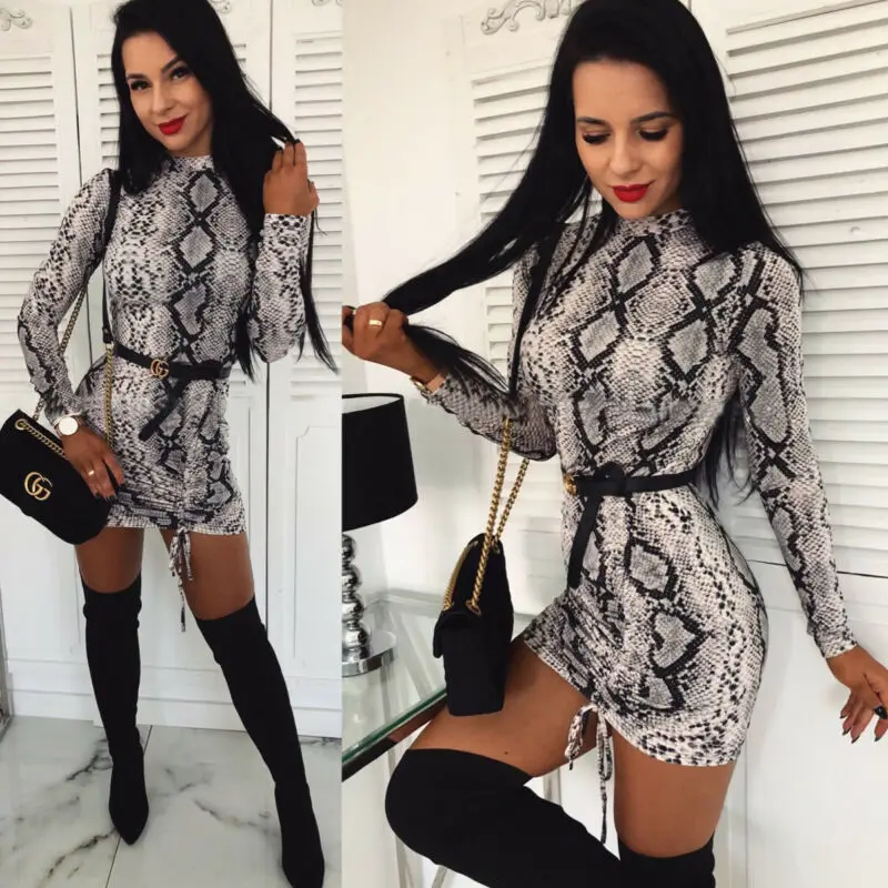 

2020 new Women Autumn T-shirt Style Leopard Bodycon Dress Snake Print Long Sleeve Half Sleeve Jumper Mini Dress