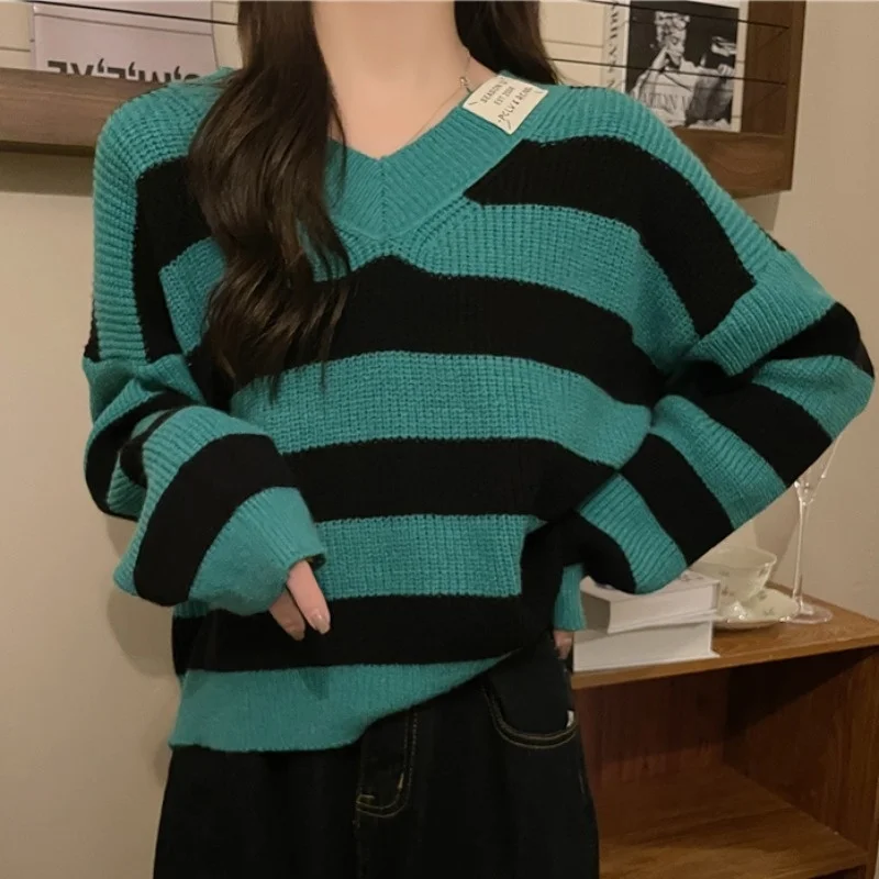 

Ранний женский топ, модный цветной свитер в контрастную полоску, новинка 2021, популярный свитер для ленивых, зимняя одежда Jum