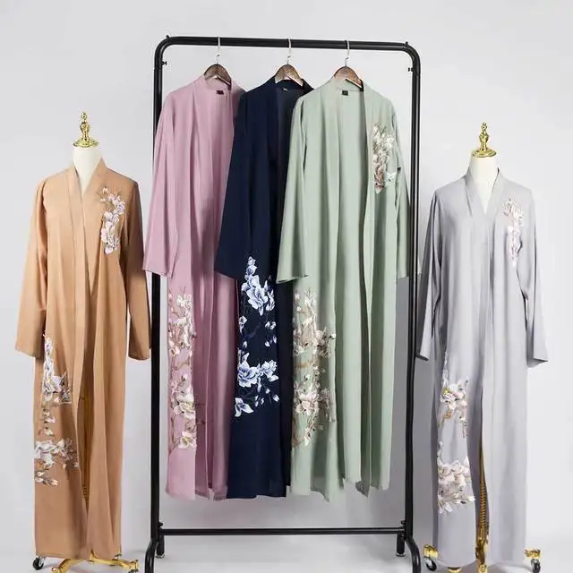 Мусульманская абайя s льняная ткань с цветочной вышивкой кардиган Арабская