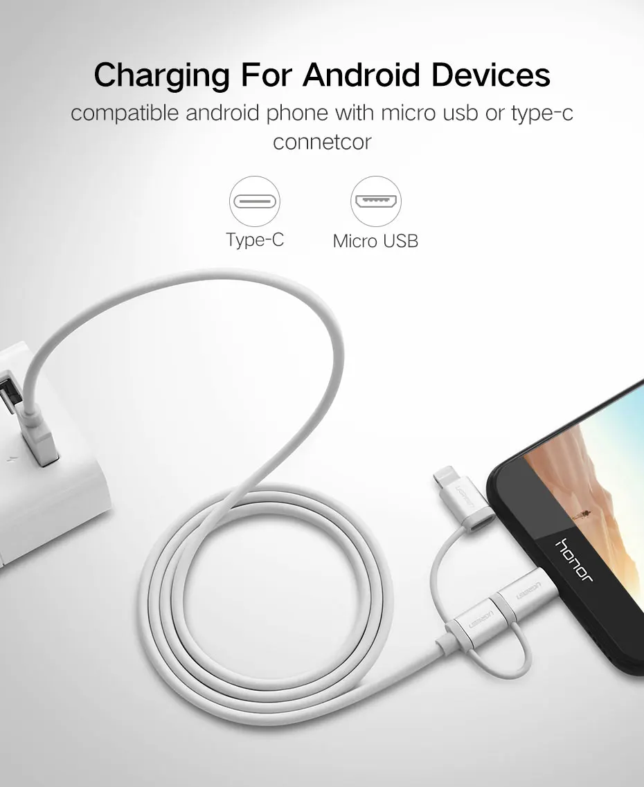 Ugreen 3 в 1 Lightning USB кабель для iphone 8 7 Micro USB кабель быстрой зарядки Тип USB C для OnePlus 5 Samsung Galaxy S8 LG V3