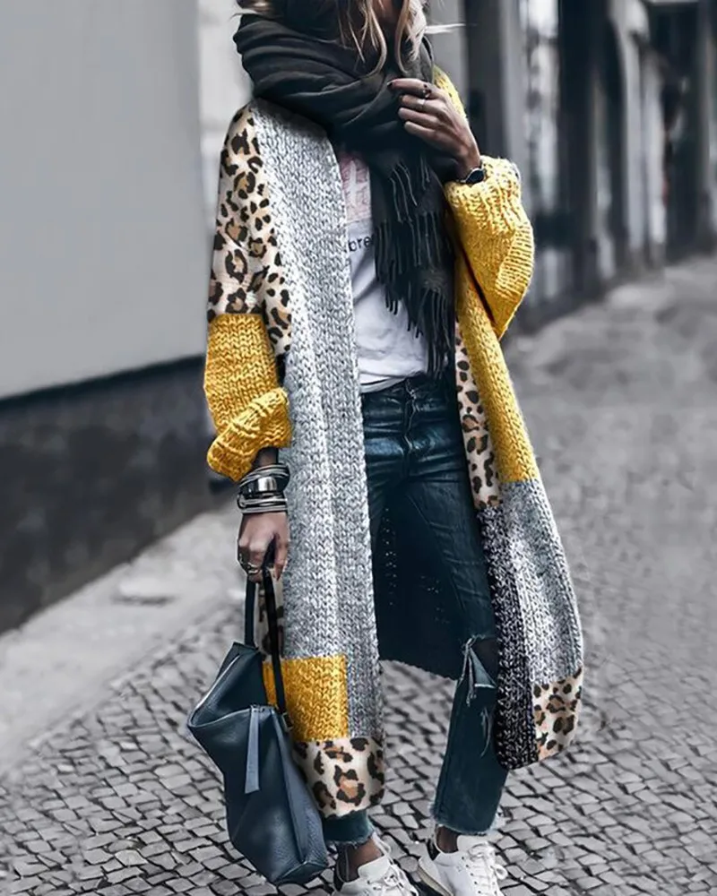 

2021 Autumn New Women's Cardigan Sweater Coat Fashion Elegant Keep Warm Cheetah Print Colorblock Longline Cardigan Jackets