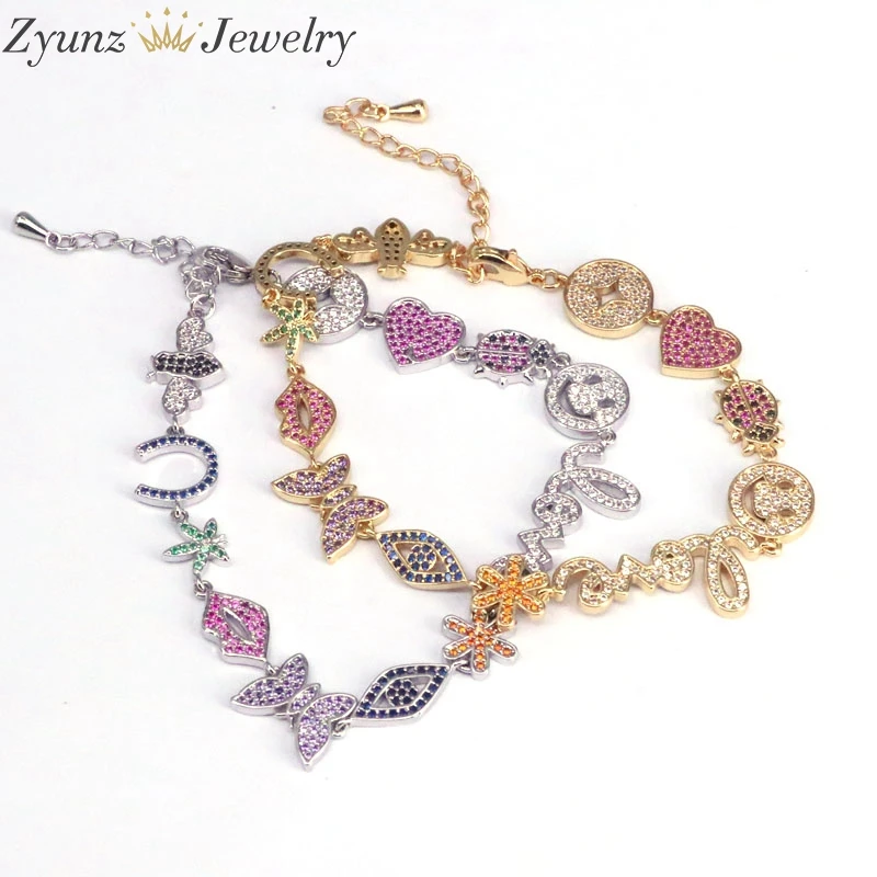 

3 шт., Модные женские ювелирные украшения, Золотой/Серебряный цвет, радуга, фианиты, губы, бабочки, сердца, милый браслет-амулет на удачу
