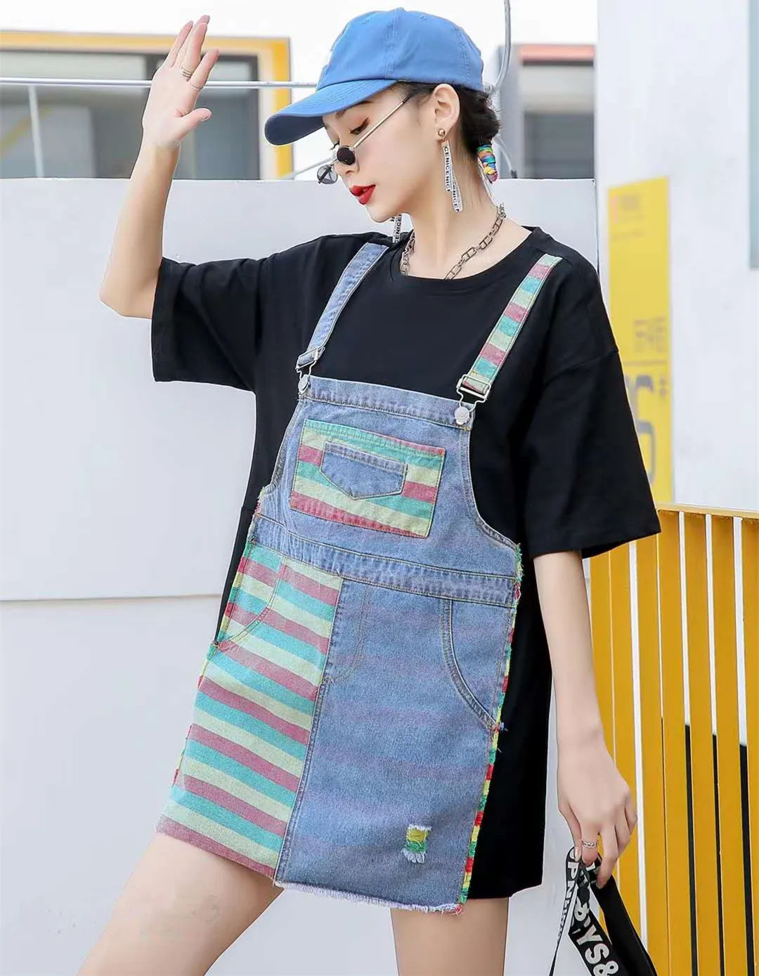 

QING MO Fashion Brand Women Denim Patchwork T Shirt 2021 Women Summer Short Sleeve T Shirt Female Fake Two Pieces Set ZQY6734