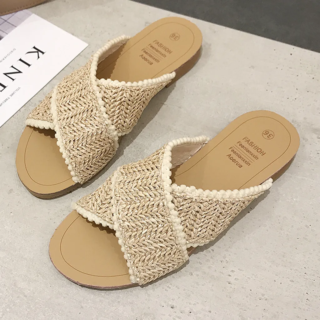 Босоножки женские льняные повседневные сандалии плоская подошва пляжная обувь