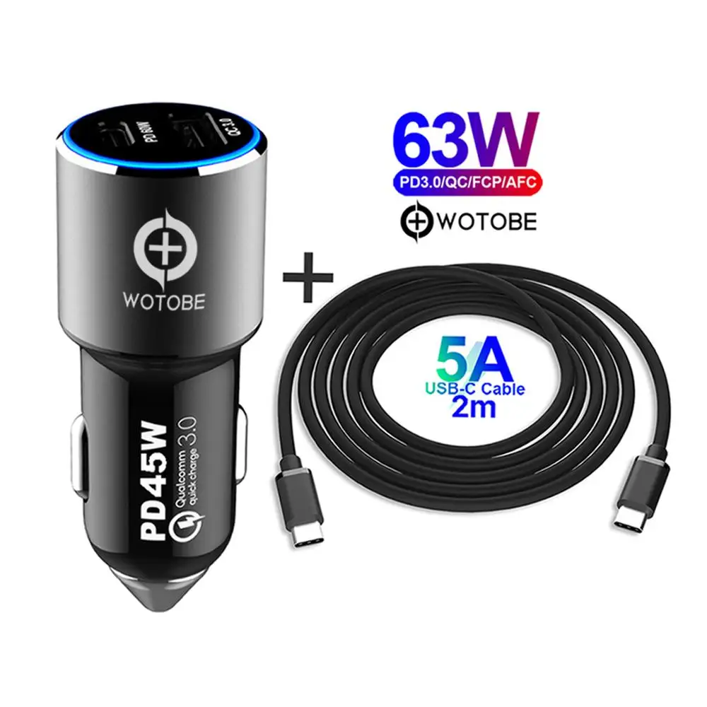 Cable 63W Charger 78 Вт супер быстрое автомобильное зарядное устройство, 1 порт PD60W/45 W/30 W/18 W, 1 порт QC3.0 для USB C Thunderbolt 3 интерфейс ноутбука зарядки планшета/iphone11 - Тип штекера: Cable 63W Charger