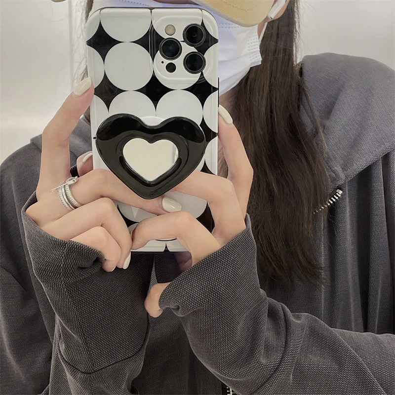 Stylish Rhombus Round Camera Protection Love Mirror Stand Phone Case For Iphone 11 12 Pro Max X XR XS 7 8 Plus Back Cover |