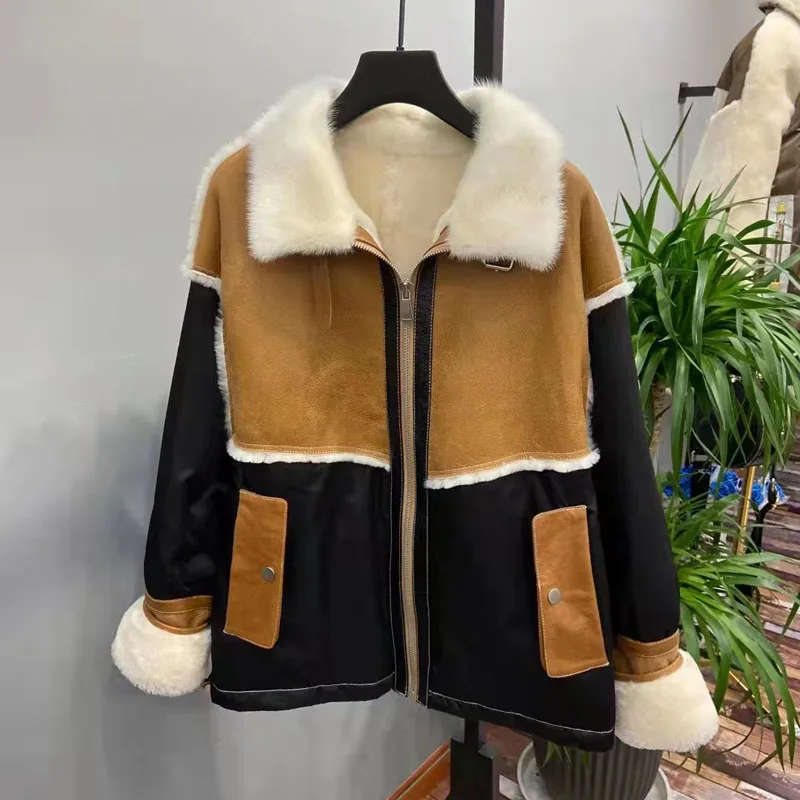 

Роскошное зимнее пальто для женщин, короткая длинная пуховая куртка из натурального овечьего меха, с воротником из натурального меха норки,...