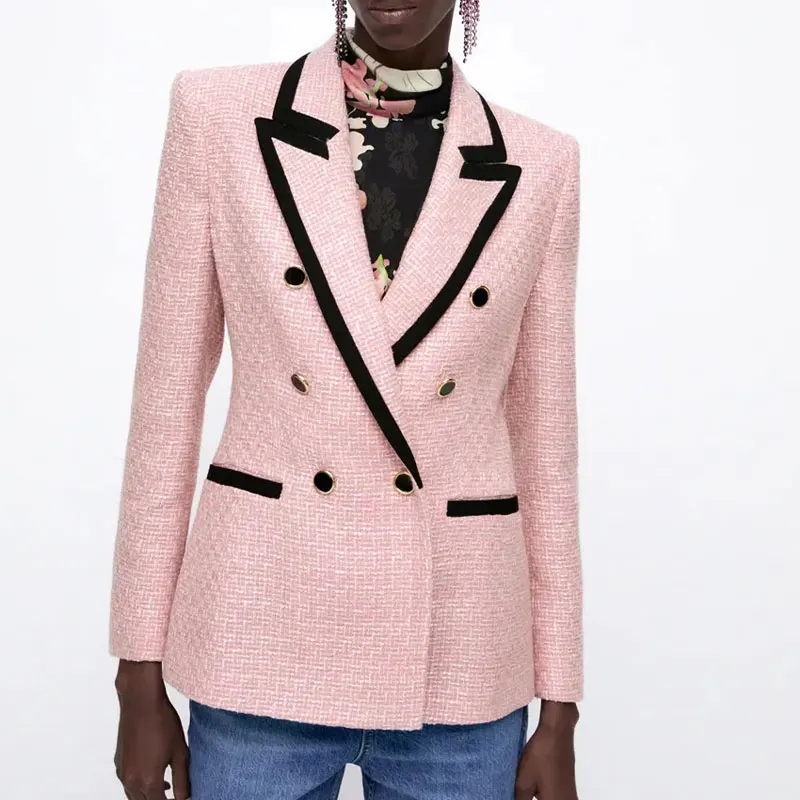 

Женский двубортный твидовый Блейзер Za, винтажный пиджак с длинным рукавом, модная офисная одежда, жакет, осень 2021