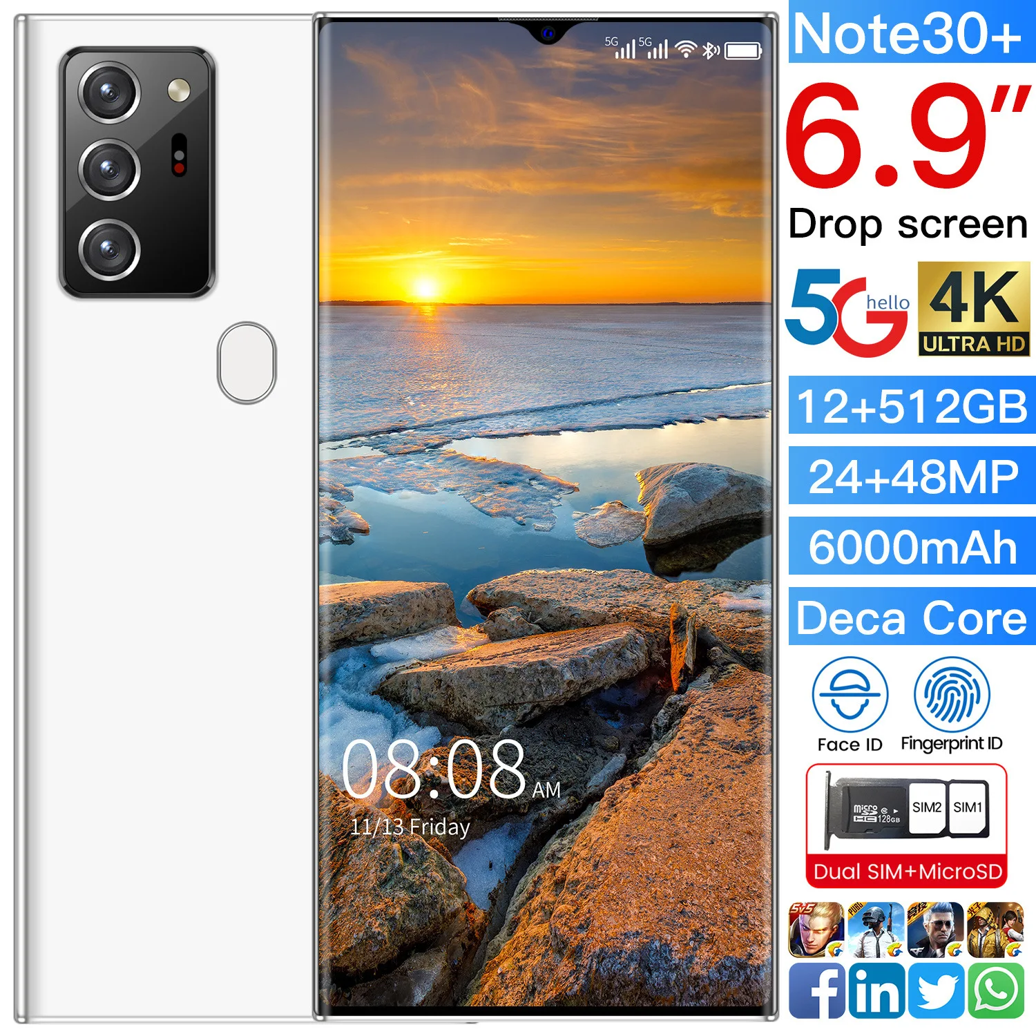 

2021 Newest 6.9" Galax Note30+ Mobile Phone Snapdragon 865 Android 10.0 12GB+512GB 6000mAh Fingerprint Unlock Smart Cellphone