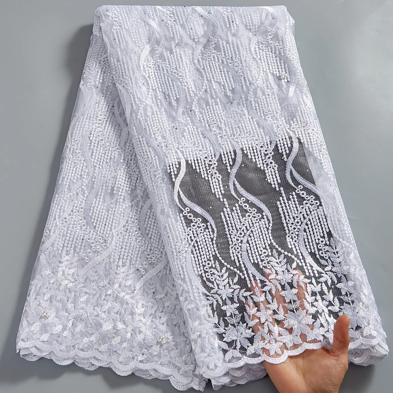 

Pure White Mesh Embroidery African Net Lace Fabric 2021New Arrivals Nigerian French Lace Fabrics For Wedding Bridal Dress 2575A