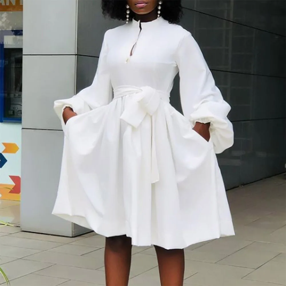 

African White Elegant Women Dress Midi Dresses Ladies A-Line Vestidos Patchwork Pocket Plus Size Fashion Simple Knee-Length 2021
