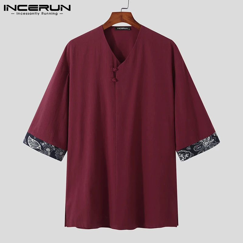 

INCERUN китайский Стиль рубашка для мужчин, с рисунком, из кусков, v-образный вырез с коротким рукавом повседневные топы уличная одежда в винтаж...
