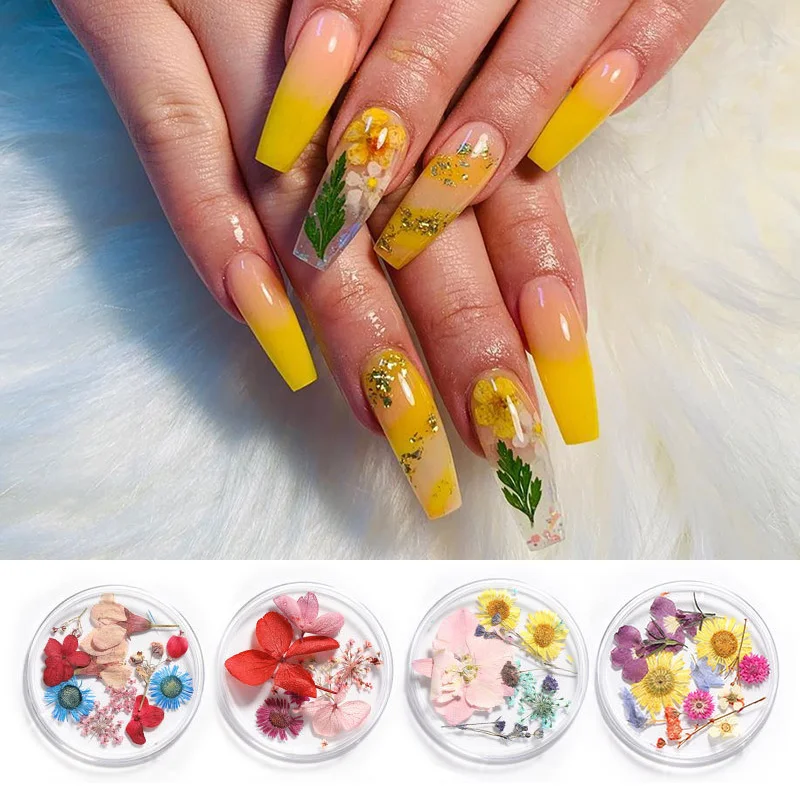 Натуральный дизайн ногтей сушеные цветы украшение для розовый желтый белый