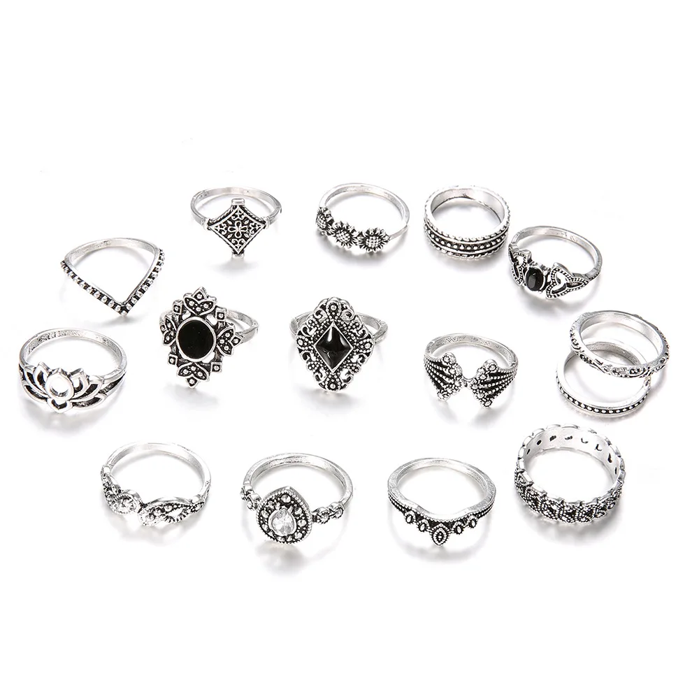 

15 Piece Set woman Ring Bohemian Vintage Style Ring Ancient Anemone Female New Ring Fashion Ring set for Women