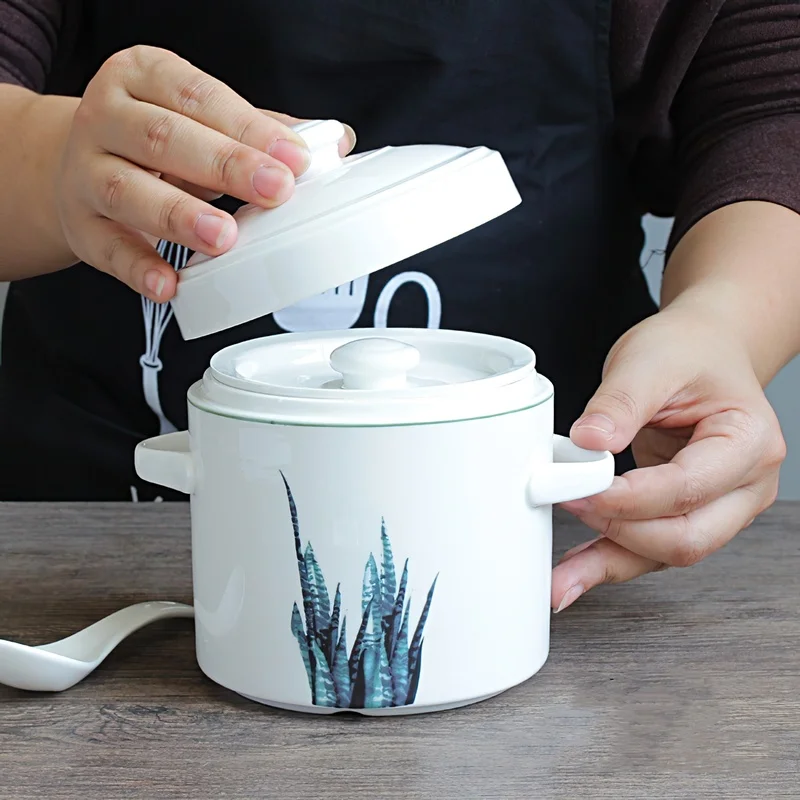 

Ceramic Stew Pot Binaural with Lid Water Stew Pot Bird's Nest Steamed Egg Multi-function Soup Bowl Home Kitchen Supplies