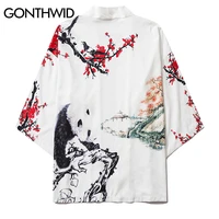 gonthwid panda plum blossom print mens casual kimono japanese floral printed kimono cardigan shirts jackets streetwear coats