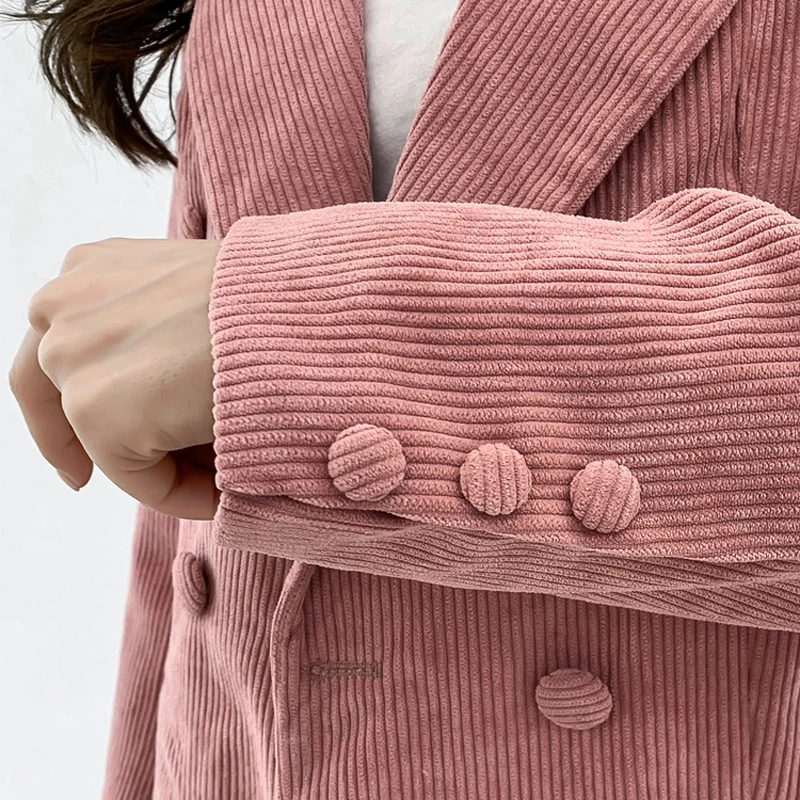 

Vintage Corduroy Women Blazer Suit Female 2 Pieces Set Double-breasted Jacket & Long Pant Women Blazer Set 2021 Spring S14601X